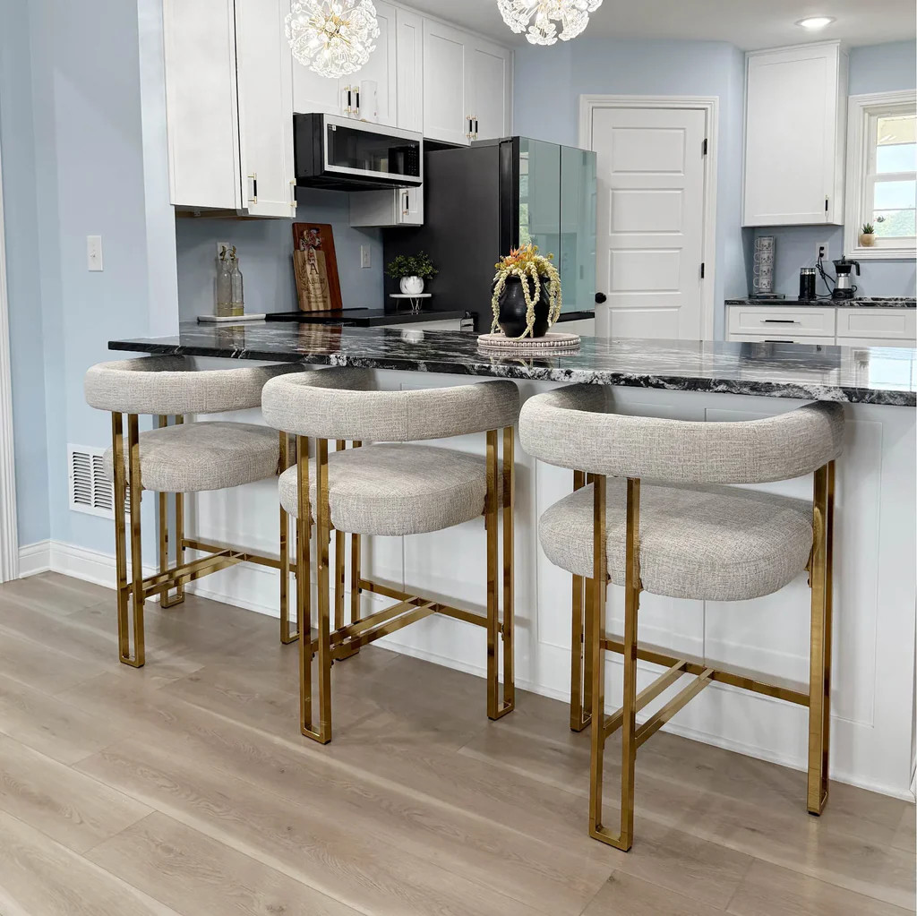 Mia 24" Modern Gold Chenille Counter Stool with Arms (Set of 2) | Pop Maison