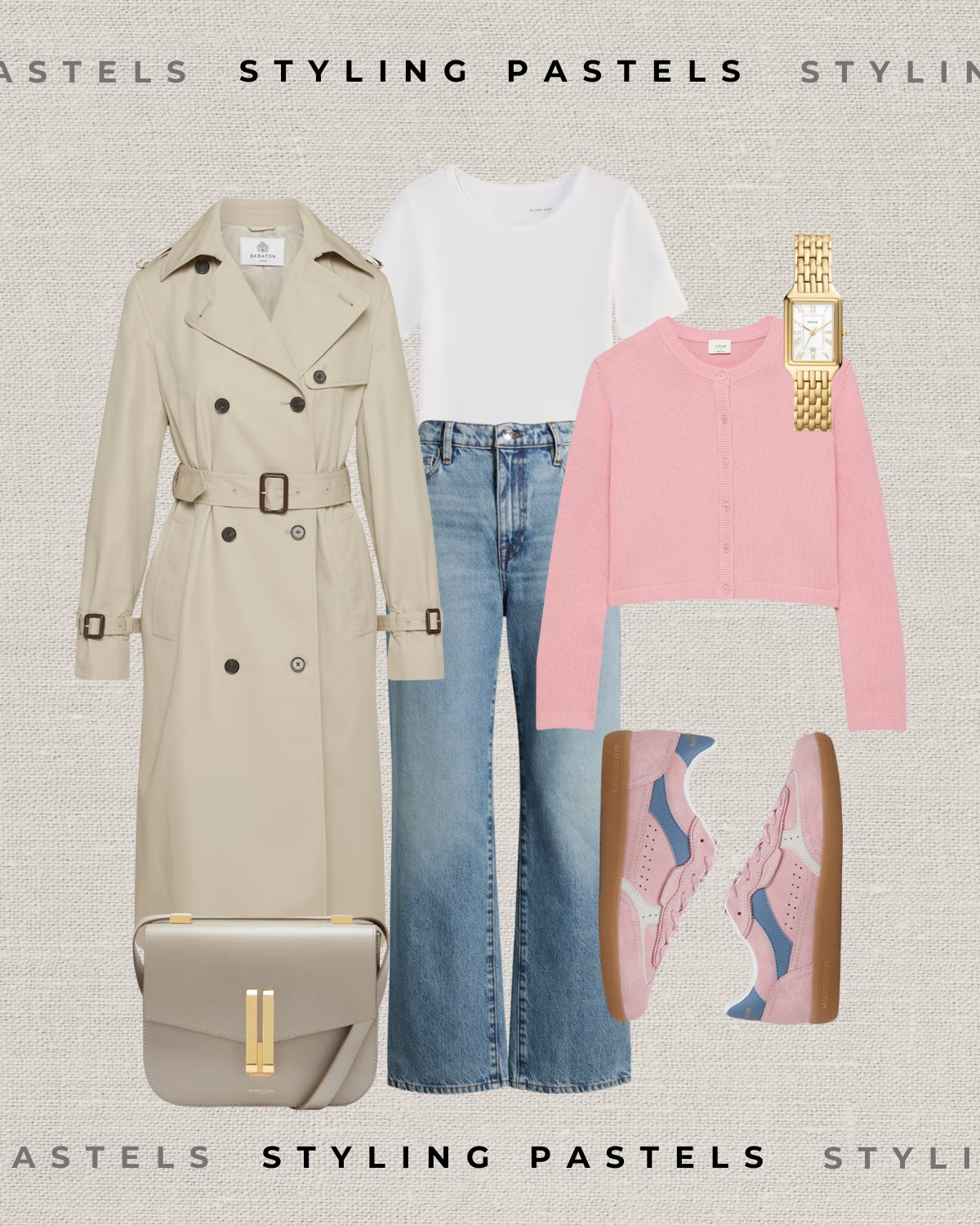 Styling pastels for spring 

Trench coat / pink cardigan / white tee / jeans / purse / sneakers / gold watch 

#LTKStyleTip #LTKSeasonal
