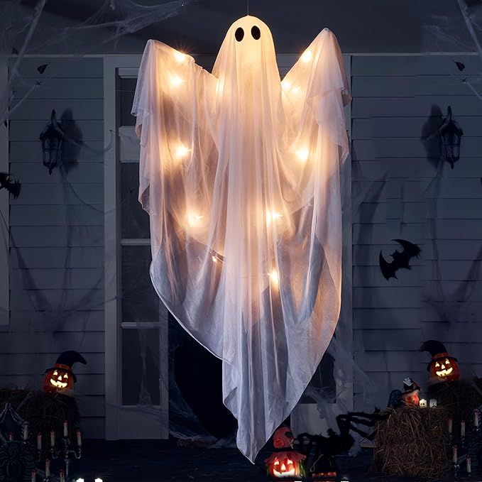 JOYIN Halloween Hanging Light up Ghost with Spooky Warm White LED Light, 47” White Hanging Ghos... | Amazon (US)