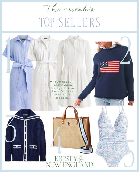 This week’s top sellers #1 Linen shirt dresses in blue and white, white eyelet shirtdress #2 Navy vintage flag sweater #3 Sailor navy & white cardigan #4 Raffia & leather essential tote with customized straps #5 Blue and white floral ruched swimsuit 

#LTKsalealert #LTKGiftGuide #LTKover40