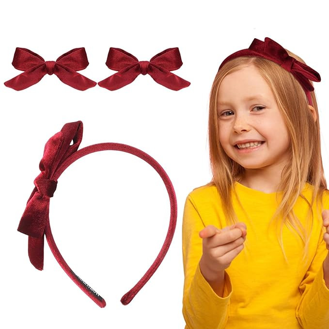 Burgundy Red Velvet Bow Headband & 2 Pcs Velvet Hair Bows Set Red Bow for Hair Red Headbands for ... | Amazon (US)