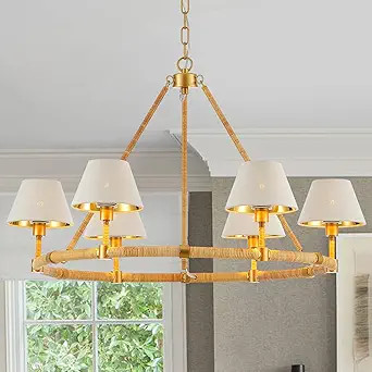 33” Hand Woven Rattan Boho Pendant Light with White Fabric Shade 6-Lights Wagon Wheel Chandelie... | Amazon (US)