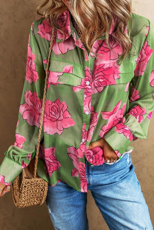 Flower Collared Neck Long Sleeve Shirt | Charming Charlie