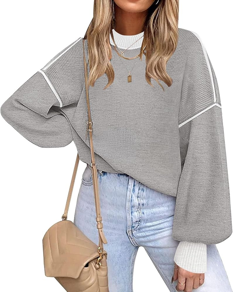 ETCYY Womens Sweaters Fall 2025 Batwing Long Sleeve Side Slit Knit Tops Crew Neck Striped Oversiz... | Amazon (US)