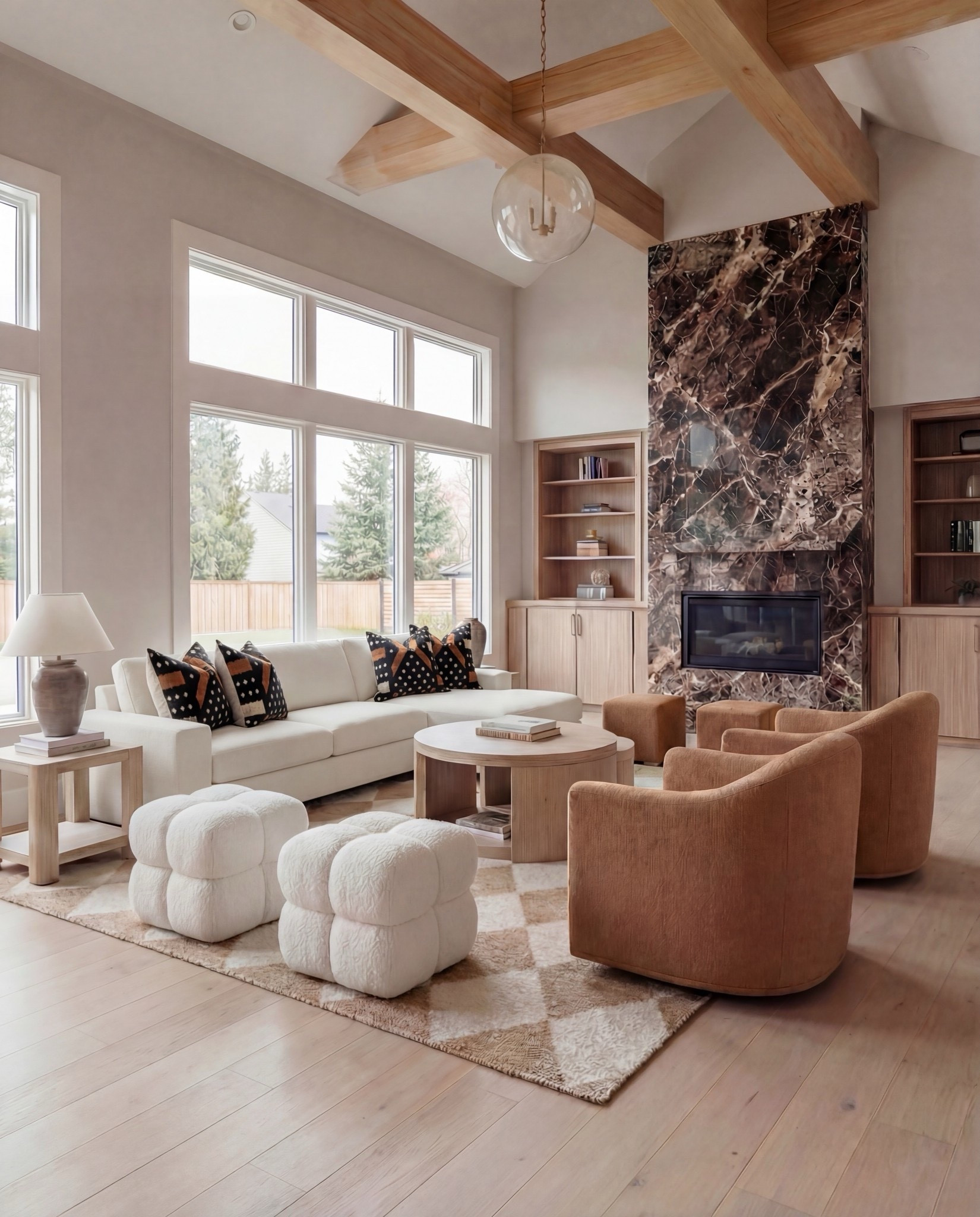 ✨ Shop the look:
Caramel boucle swivel chairs | Caramel curved sofa | Plush square boucle ottomans | Neutral diamond-pattern rug | Light natural wood nesting coffee tables | Stone-look ceramic vases | Light oak built-ins | Dramatic brown-veined marble fireplace | Exposed oak ceiling beams | Glass globe pendant . White boucle ottoman , white sectional sofa 

#LTKSaleAlert #LTKHome