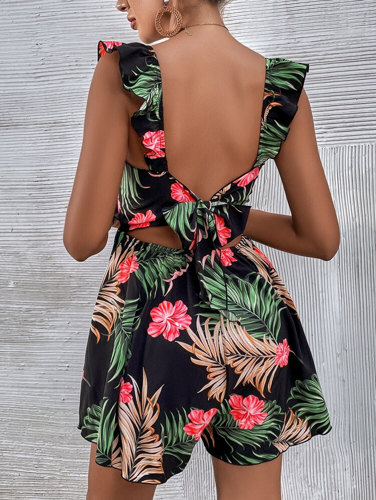 Tropical Print Backless Knot Ruffle Trim Romper | SHEIN