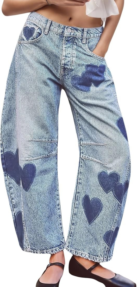 LifeShe Women's Wide Leg Baggy Jeans Low Waist Heart Barrel Loose Jean Valentine's Day Denim Pant... | Amazon (US)