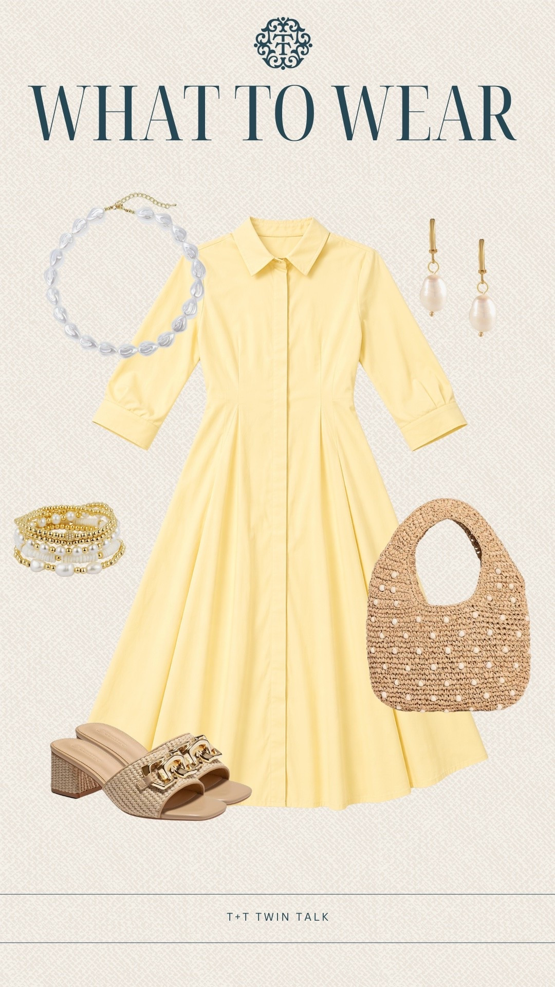 T+T, what to wear! This yellow dress keeps things simple with a clean silhouette that feels easy to style. Pearl accessories and a woven bag add texture while neutral heels keep it balanced. Perfect for brunch, showers, or daytime plans.

#LTKMidsize #LTKSeasonal #LTKOver40