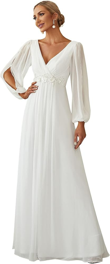 Ever-Pretty Women's V Neck Long Sleeves Floor Length Ruched Chiffon Formal Dress 00461 | Amazon (US)