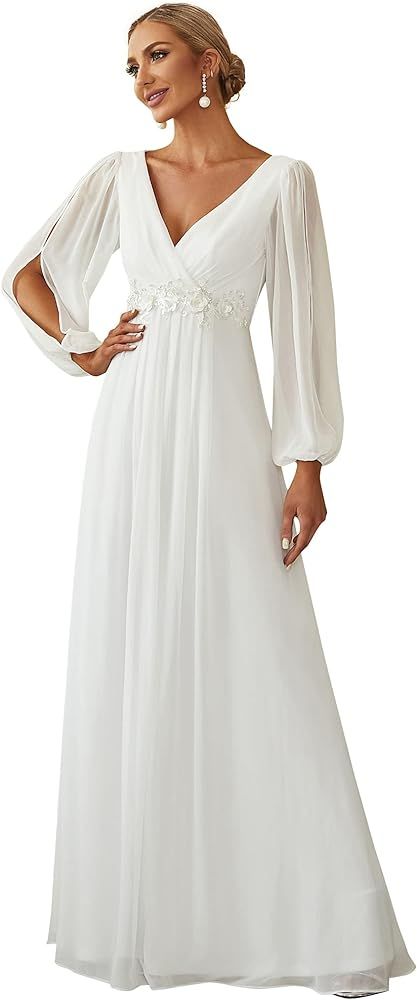 Ever-Pretty Women's Elegant V-Neck Long Sleeve A-line Chiffon Floor Length Mother of The Bride Dr... | Amazon (US)