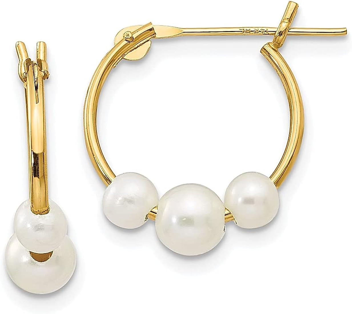 14k Yellow Gold White Semi Round Freshwater Cultured 3 Pearl Hoop Earrings Ear Hoops Set Stone Fine  | Amazon (US)