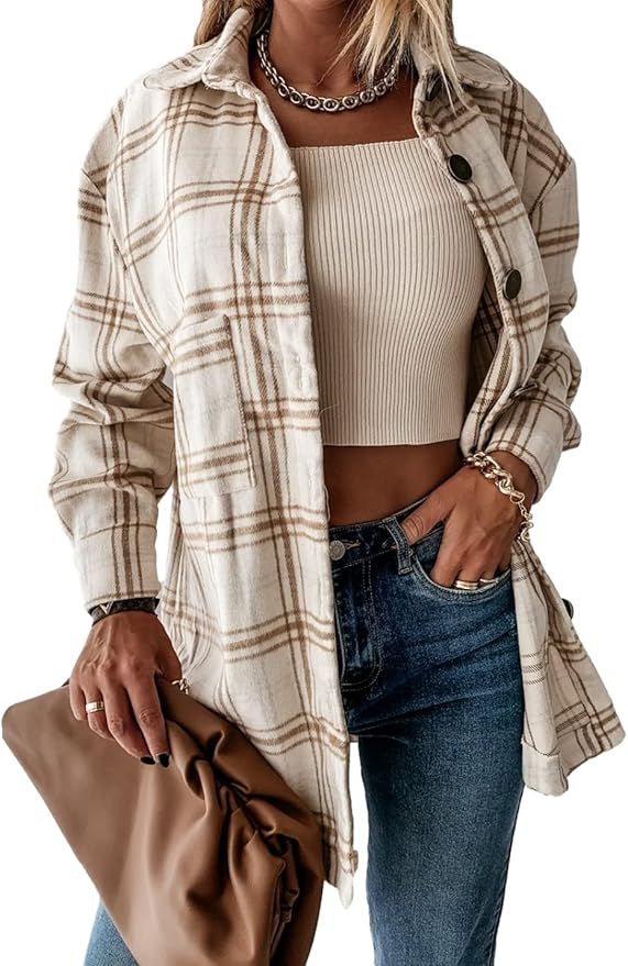 Bnigung Women's Casual Lapel Plaid Shirts Jacket Long Sleeve Button Down Loose Shacket Coat | Amazon (US)