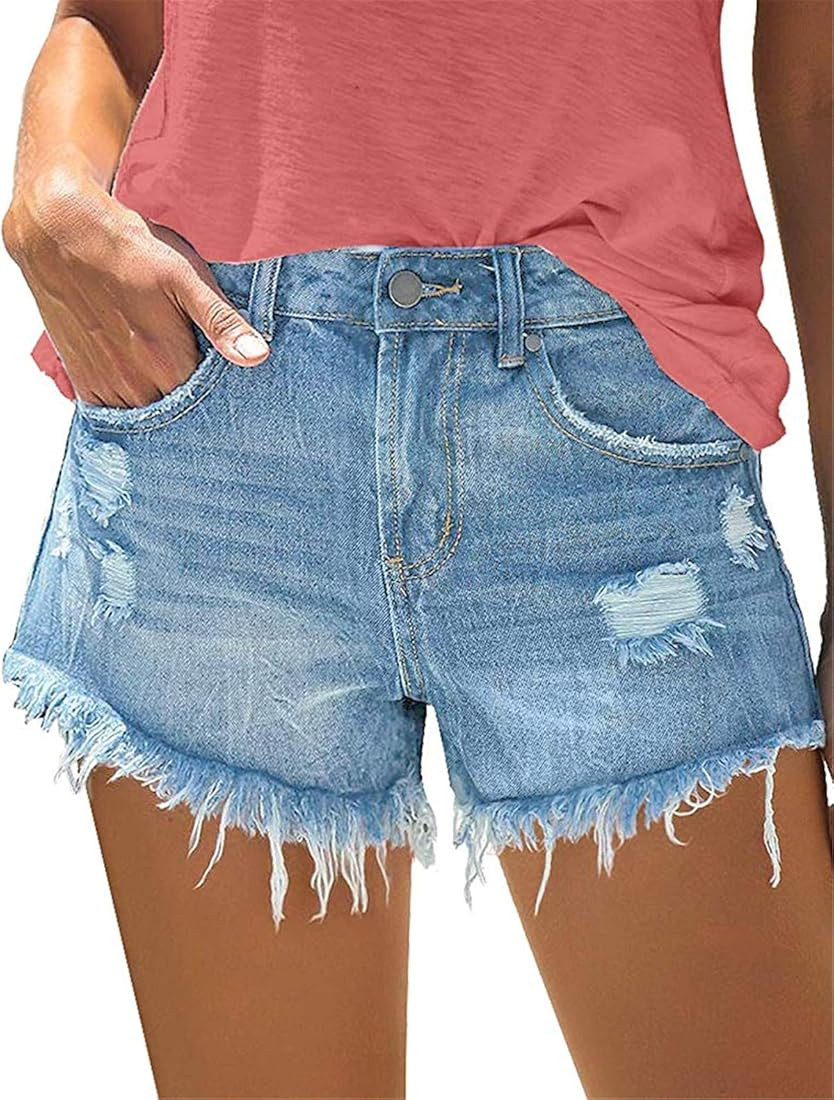 onlypuff Women's Ripped Mid Waisted Denim Shorts with Pockets | Amazon (US)