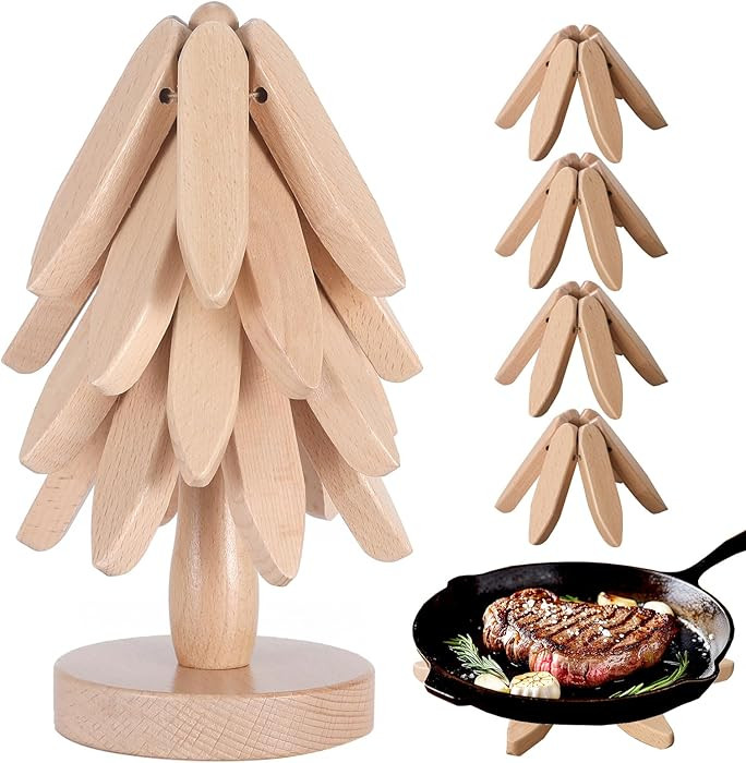 Wooden Trivets for Hot Dishes,Tree Shape Trivet Set,4 Wooden Trivets+1 Stand,Natural Foldable Kit... | Amazon (US)