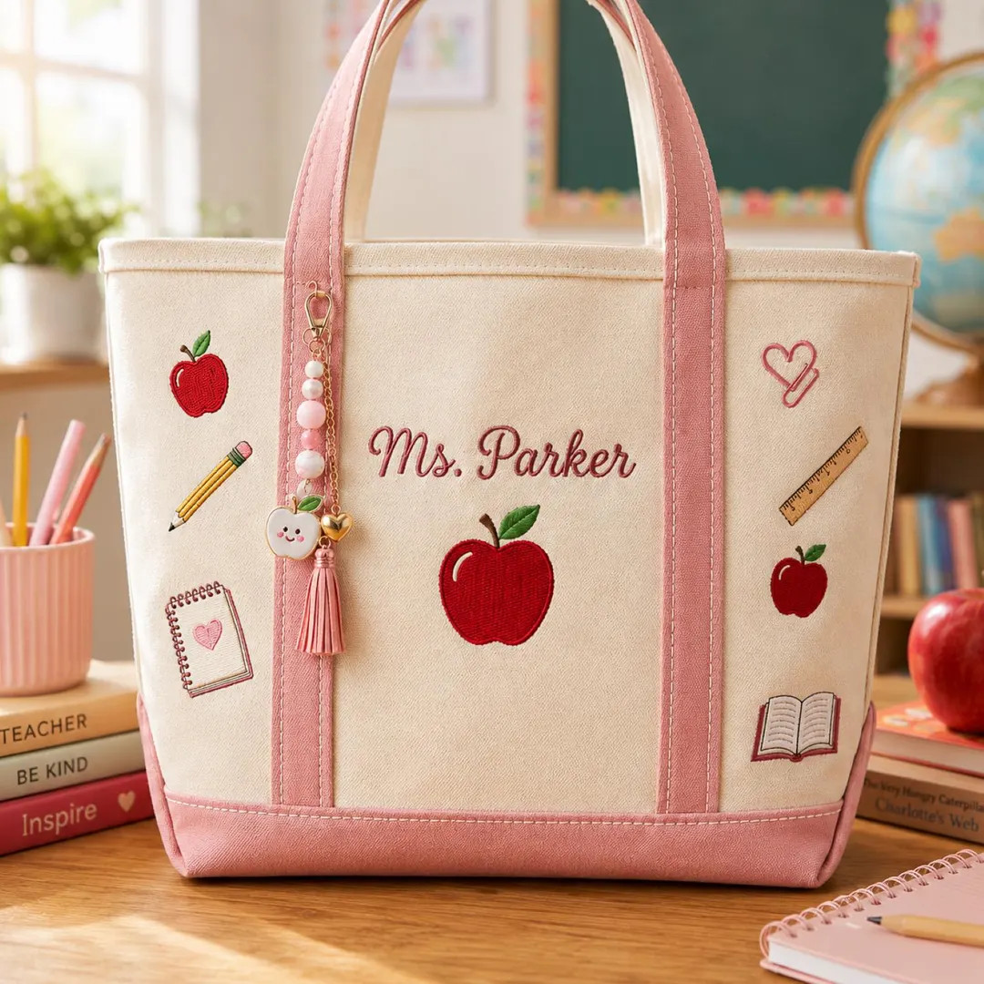 Embroidered Name Tote Bag Personalized Hand Bag, Embroidery Custom Text Canvas Tote, Apple School... | Etsy (Global)