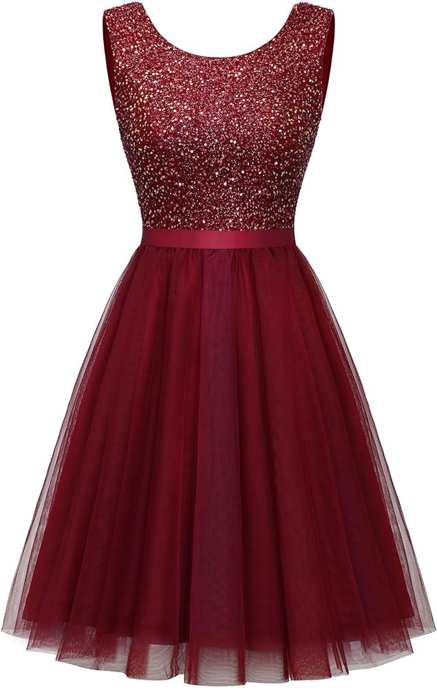 BeryLove Sequin Dress Vintage A Line Wedding Formal Swing Tulle Dress Sleeveless Cocktail Mini Dr... | Amazon (US)