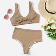 Twist Front Top With High Waist Bikini Set | SHEIN
