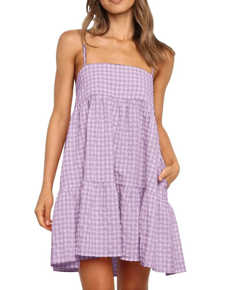Womens Plaid A-line Dresses Shoulder Straps Ruffle Hem Casual Mini Dress with Side Pocket | Amazon (US)