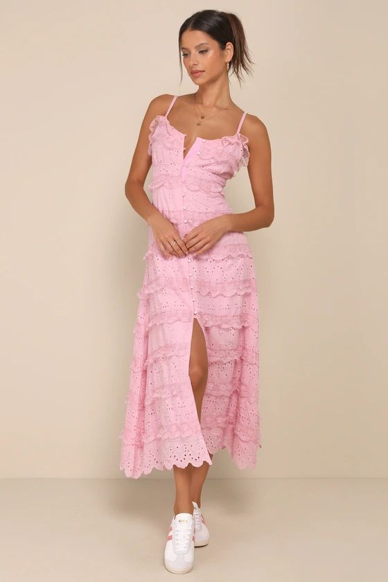 Delightful Cuteness Pink Lace Ruffled Button-Up Maxi Dress | Lulus