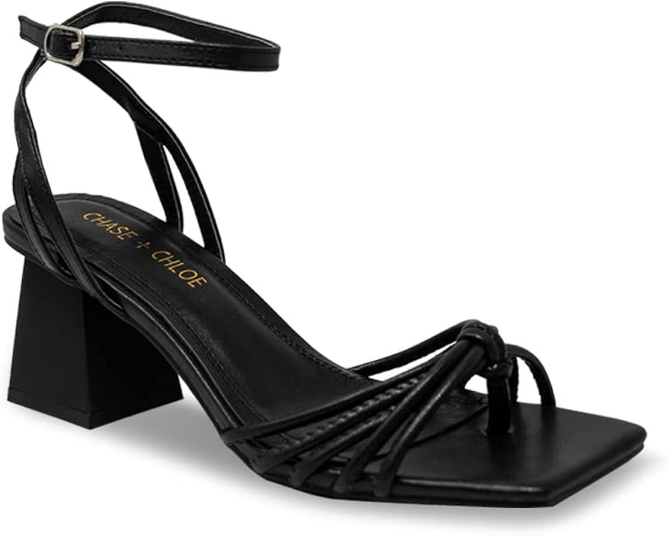 Chase & Chloe Women’s Square Open Toe Ankle Strap Block Heeled Sandals Black Pu | Amazon (US)