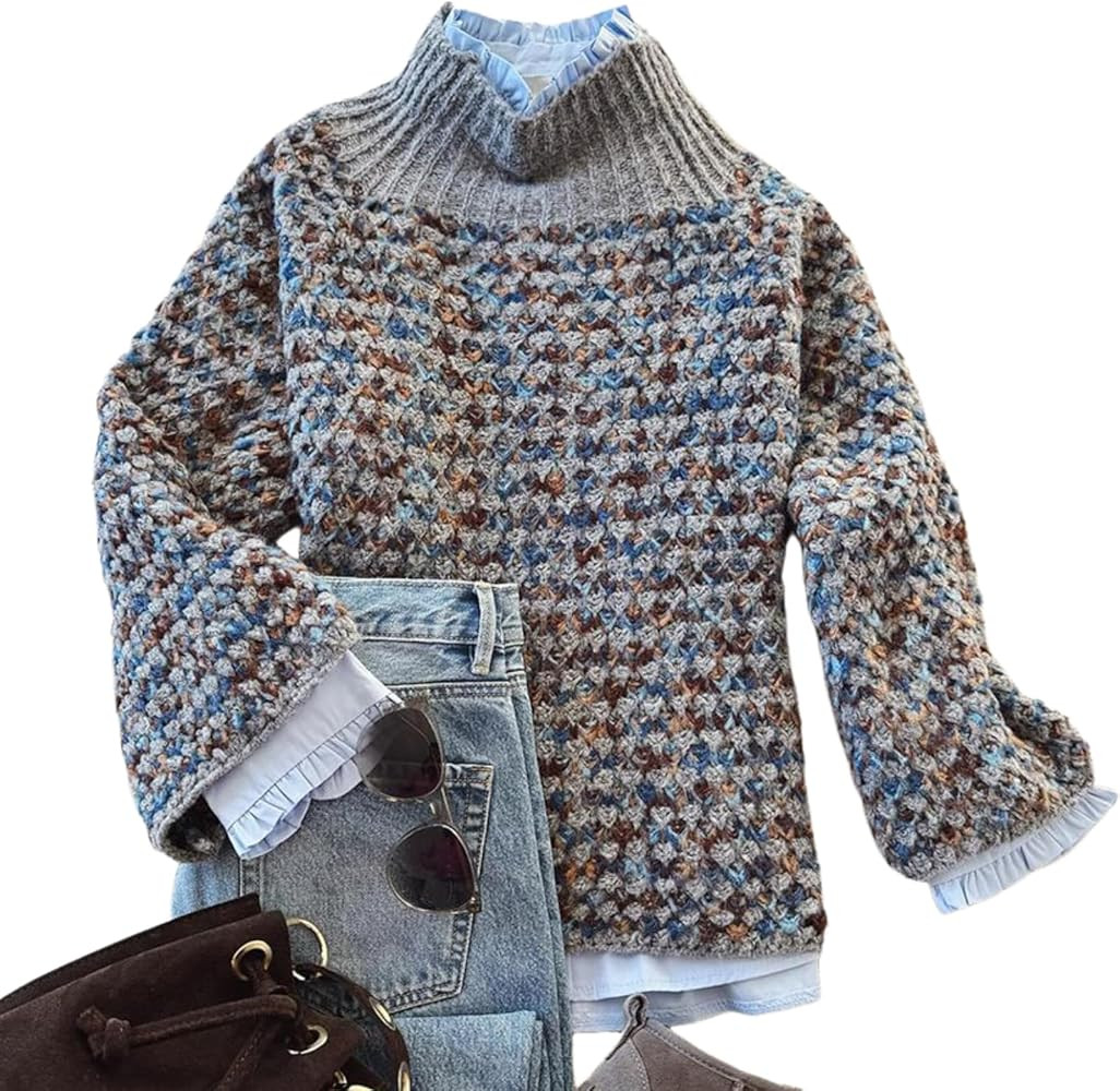 Sweaters for Women 2025 Fashion Retro Print Mock Neck Chunky Jumper Long Sleeve Brown Pullover Kn... | Amazon (US)