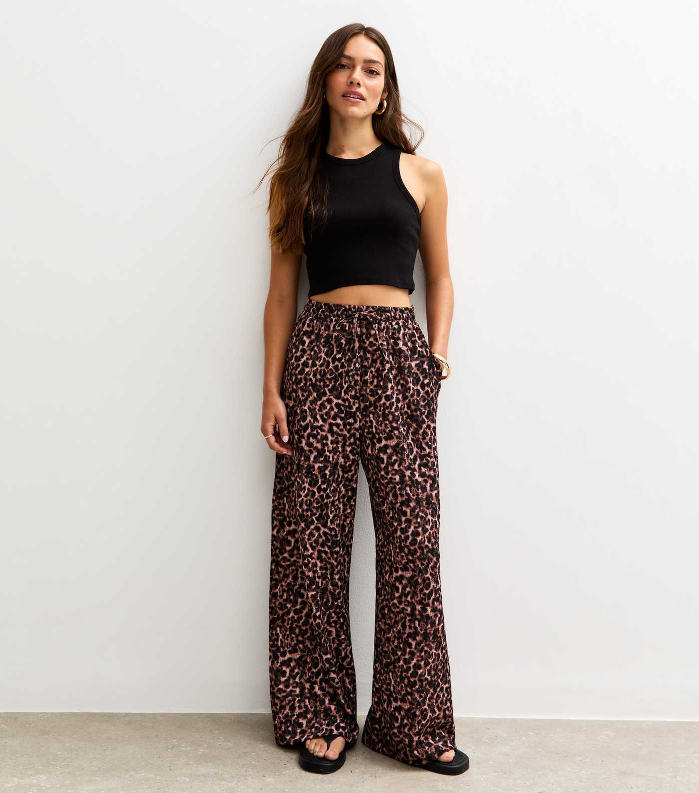Petite Brown Leopard Print Textured Wide Leg Trousers | New Look | New Look (UK)