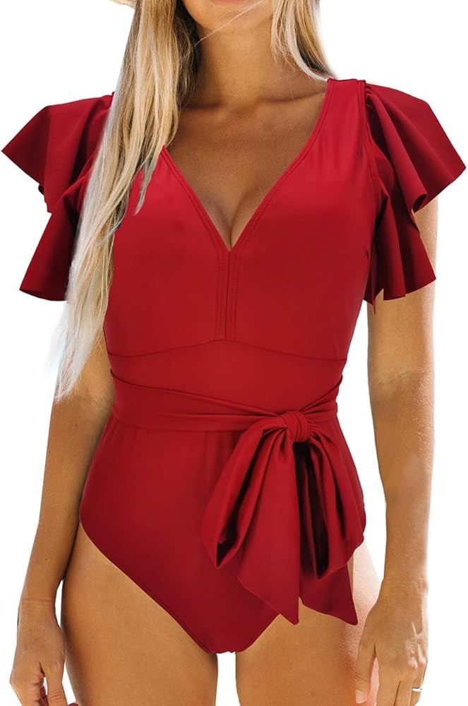 Binlowis V Neck Ruffle One Piece Swimsuit Ladies Floral Print Sexy Belt Bathing Suit Tie Back Swi... | Amazon (US)