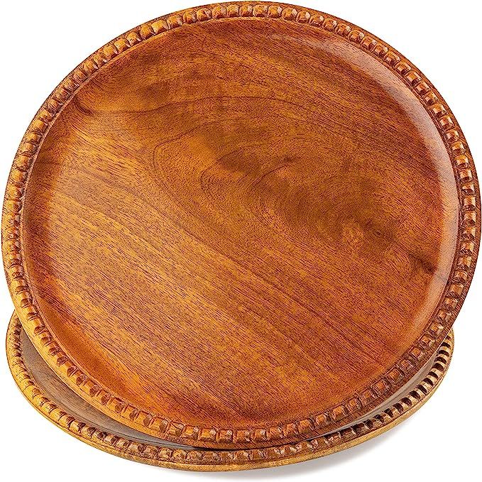 12 Inch Beaded Handcrafted Wooden Plates, Set of 2 Serving Round Charger Platters & Trays, Natura... | Amazon (US)