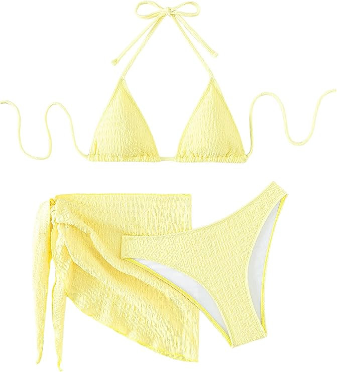 SHENHE Women's 3 Piece Textured High Cut Halter Triangle Bikini Swimsuit with Cover Up | Amazon (US)