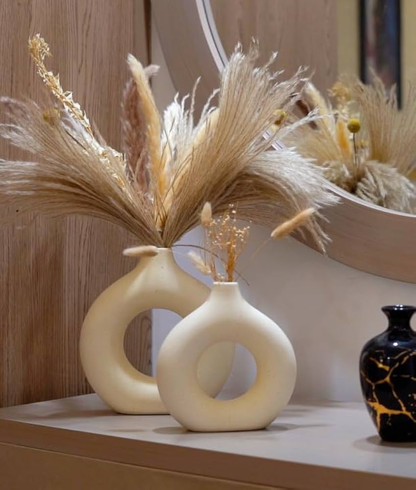 Amazon.com: Pripey White Ceramic Vase Set of 2, Donut Vase for Pampas Grass, Minimalist Nordic St... | Amazon (US)