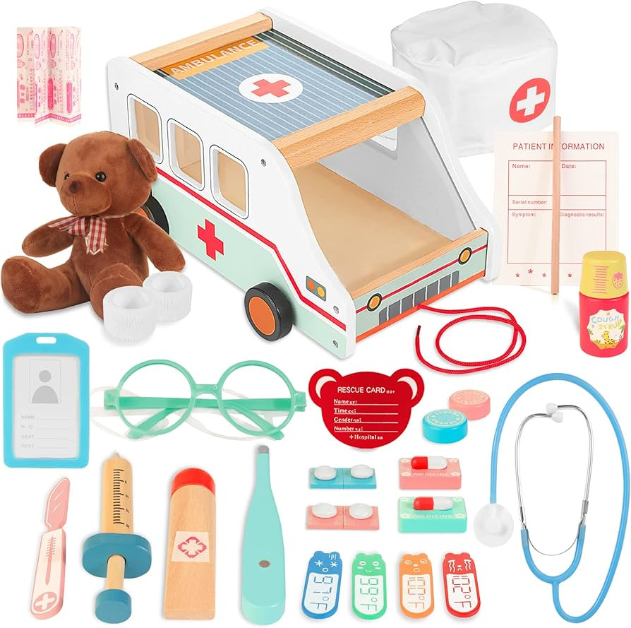 Wooden Doctor Kit for Kids, 37pcs Pretend Play Medical Kit with Ambulance Toy & Plush Bear, Imagi... | Amazon (US)