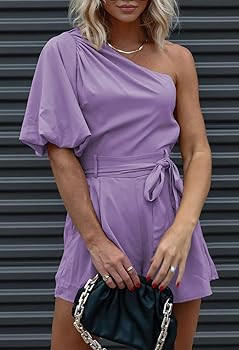 Meenew Women's Summer Romper One Shoulder Tie Waist Shorts Jumpsuit Playsuit | Amazon (US)