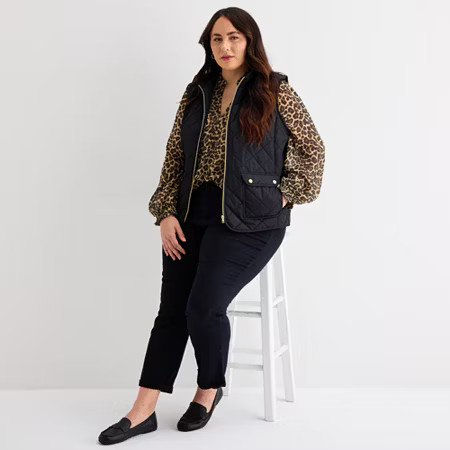 St. John's Bay Womens Plus Midweight Quilted Vest, 1x, Black | JCPenney