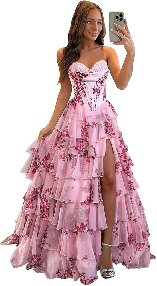 Ruffle Prom Dress Corset Tiered 2026 Strapless Long Chiffon Formal Evening Gown with Slit | Amazon (US)