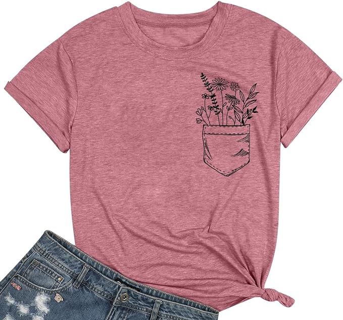 Wildflower Shirt Women Floral Graphic Tee Shirt Funny Pocket Tshirts Flower Short Sleeve Casual B... | Amazon (US)
