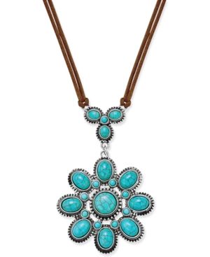 Silver-Tone Turquoise-Look Flower Pendant Necklace | Macys (US)