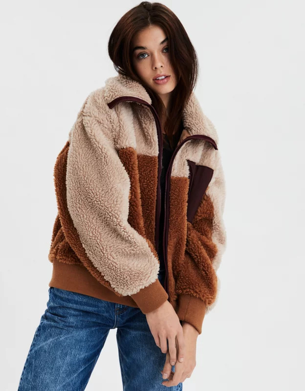 AE Sherpa Color Block Bomber Jacket | American Eagle Outfitters (US & CA)