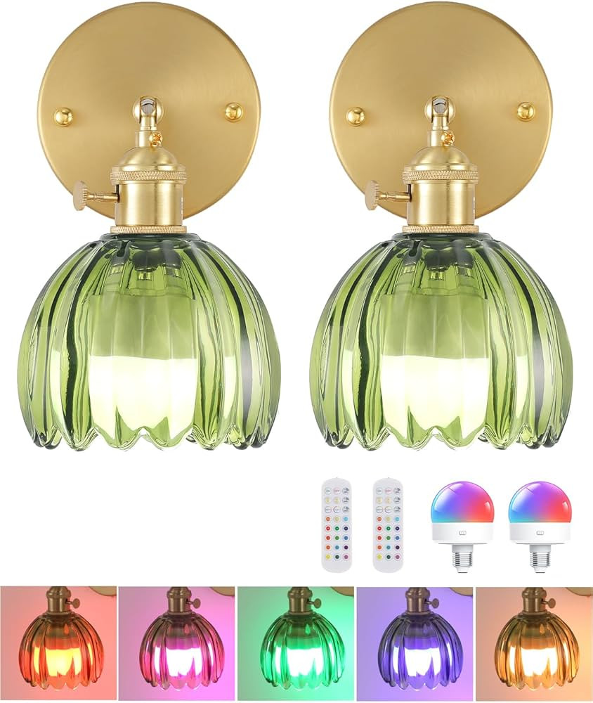 Vintage Battery Operated Wall Sconce with Green Tulip Glass Lampshade Wireless Rechargeable Batte... | Amazon (US)