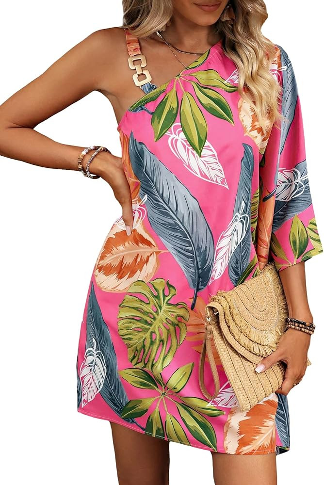 WDIRARA Women's Tropical Print Chain Detail Boho Dress Asymmetrical Neck Half Sleeve Mini Dress | Amazon (US)