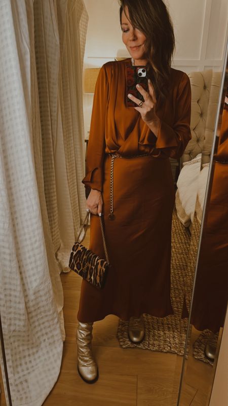 Perfect fall color 2 piece outfit silky outfit. Wearing small top and medium skirt. Leopard bag is no longer available but I’ve linked similar. 
Acorn 
squash
 butternut
 copper 

#LTKwedding #LTKparties #LTKover40