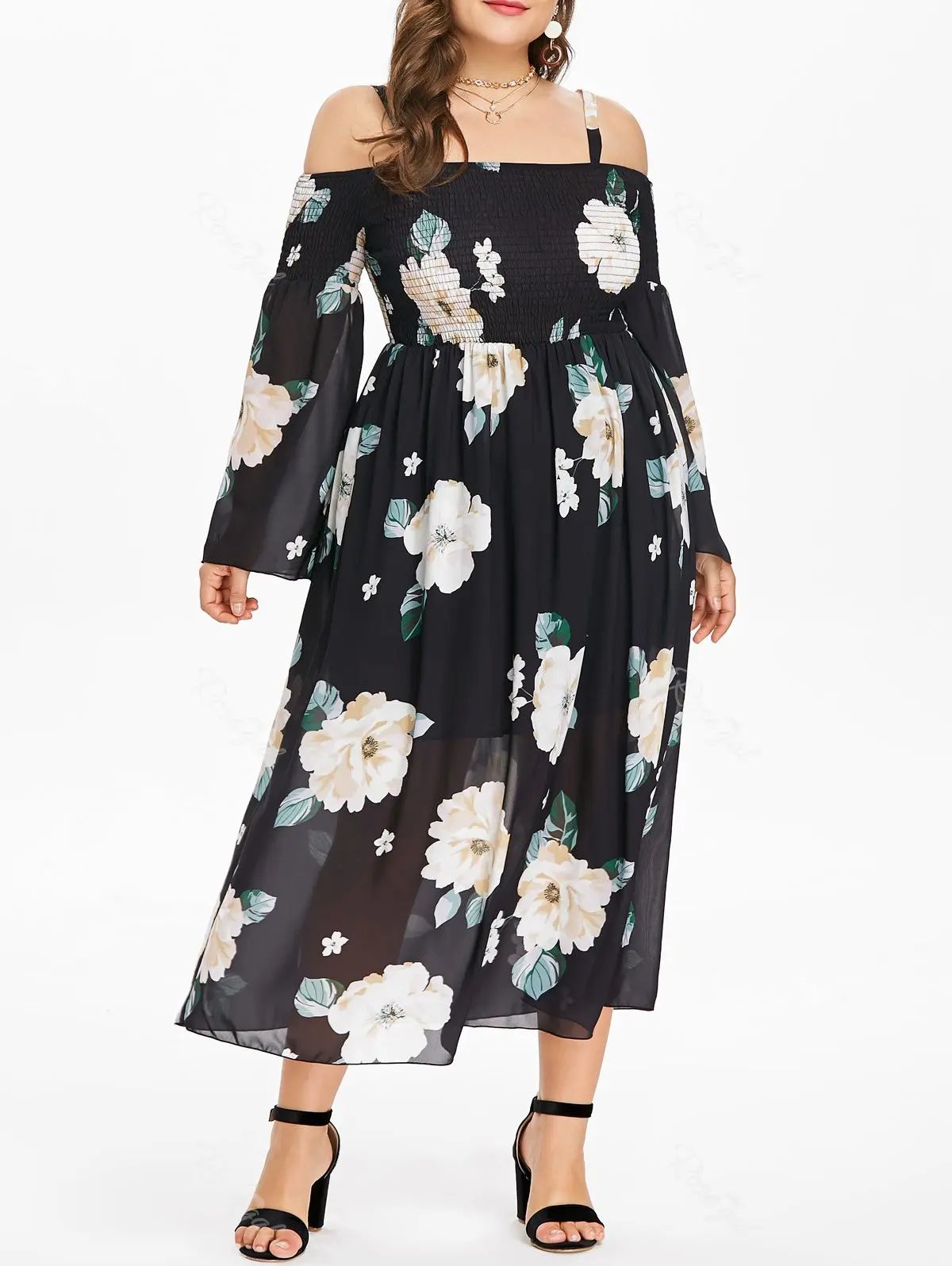 Plus Size Floral Strappy Shirred Dress | Rosegal US