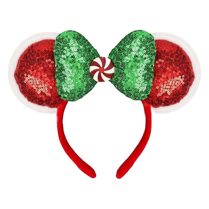 JIAHANG Christmas 3D Mouse Ear Headband with Sequin Bow, Glittering Red and Green Hairband with L... | Amazon (US)