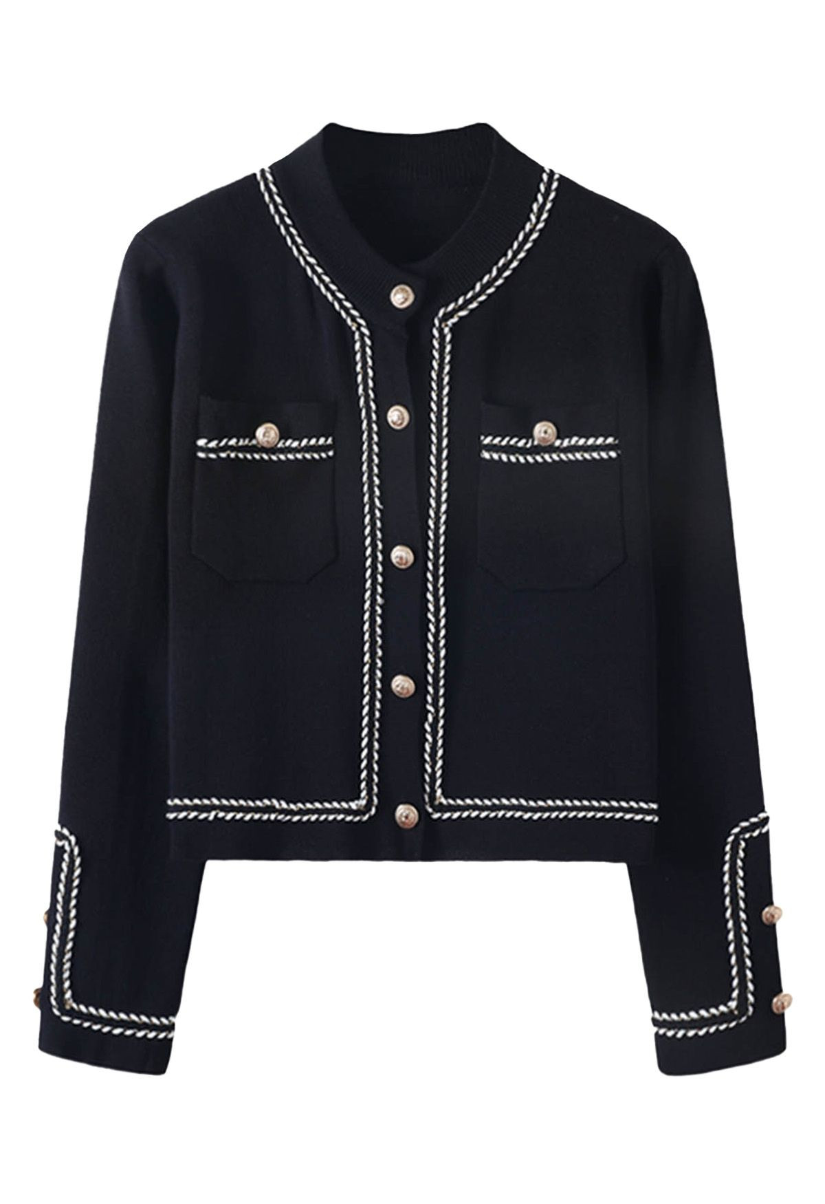 Contrast Braid Buttoned Knit Cardigan in Black | Chicwish