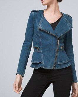 Petite Everyday Soft Denim™ Peplum Moto Jacket | White House Black Market