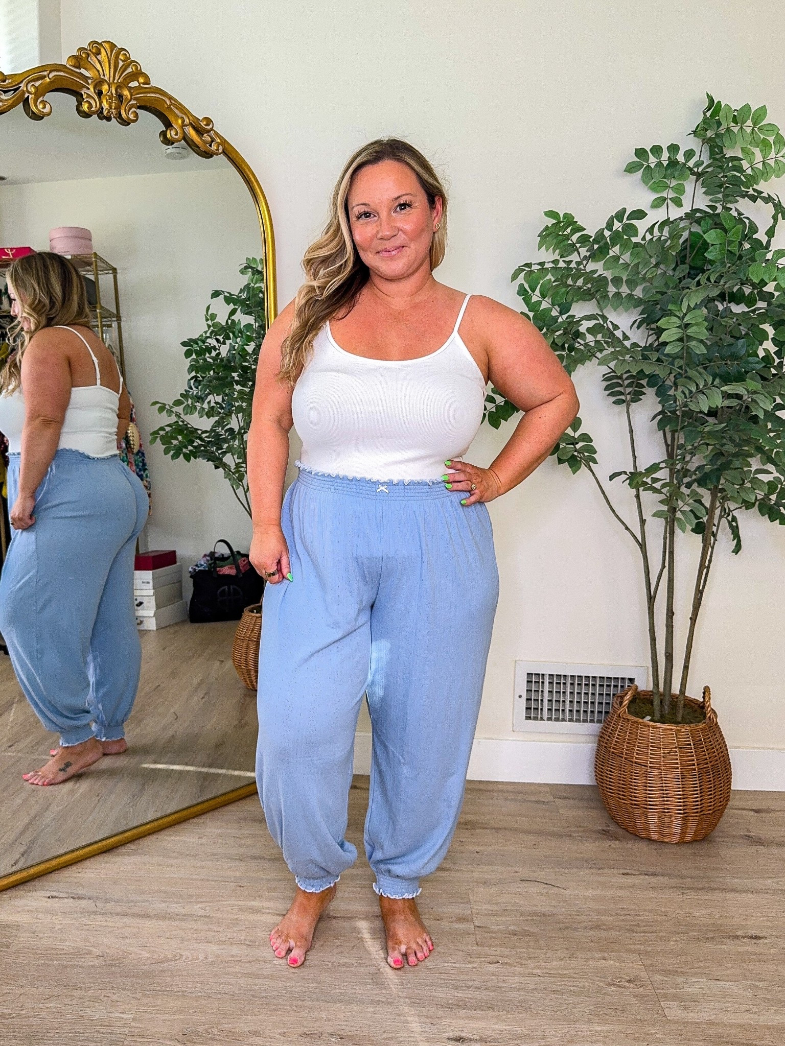 Casual lounge style 
Spring style 
AE tank size LARGE great ribbed layering tank 
Aerie Pants size MEDIUM love lounging around the house in these 

Petite style, casual style, lounge wear, pajamas, midsize style, mom style, harem pants, spring style 

#LTKOver40 #LTKPetite #LTKMidsize