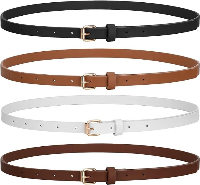 JASGOOD 4 Pack Skinny Women Leather Belt for Dresses Thin Waist Belt for Jeans Pants with Gold Bu... | Amazon (US)