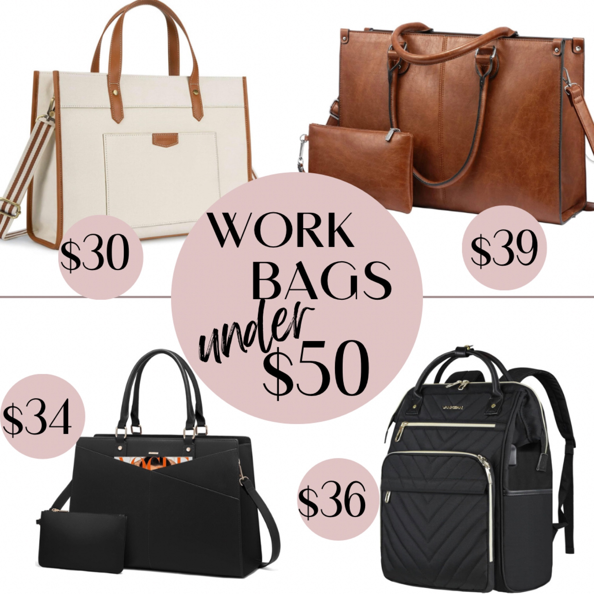 Stylish work tote bags #under50 all from Amazon!! 🔥 
My favorite bag colors for the office are definitely black and any shade of brown! Even a cheaper bag can look high end in those colors! 🙌 

#officewear #workwear #bagsunder50 #workbag #tote #LTKunder50 

#LTKworkwear #LTKfindsunder50 #LTKSpringSale