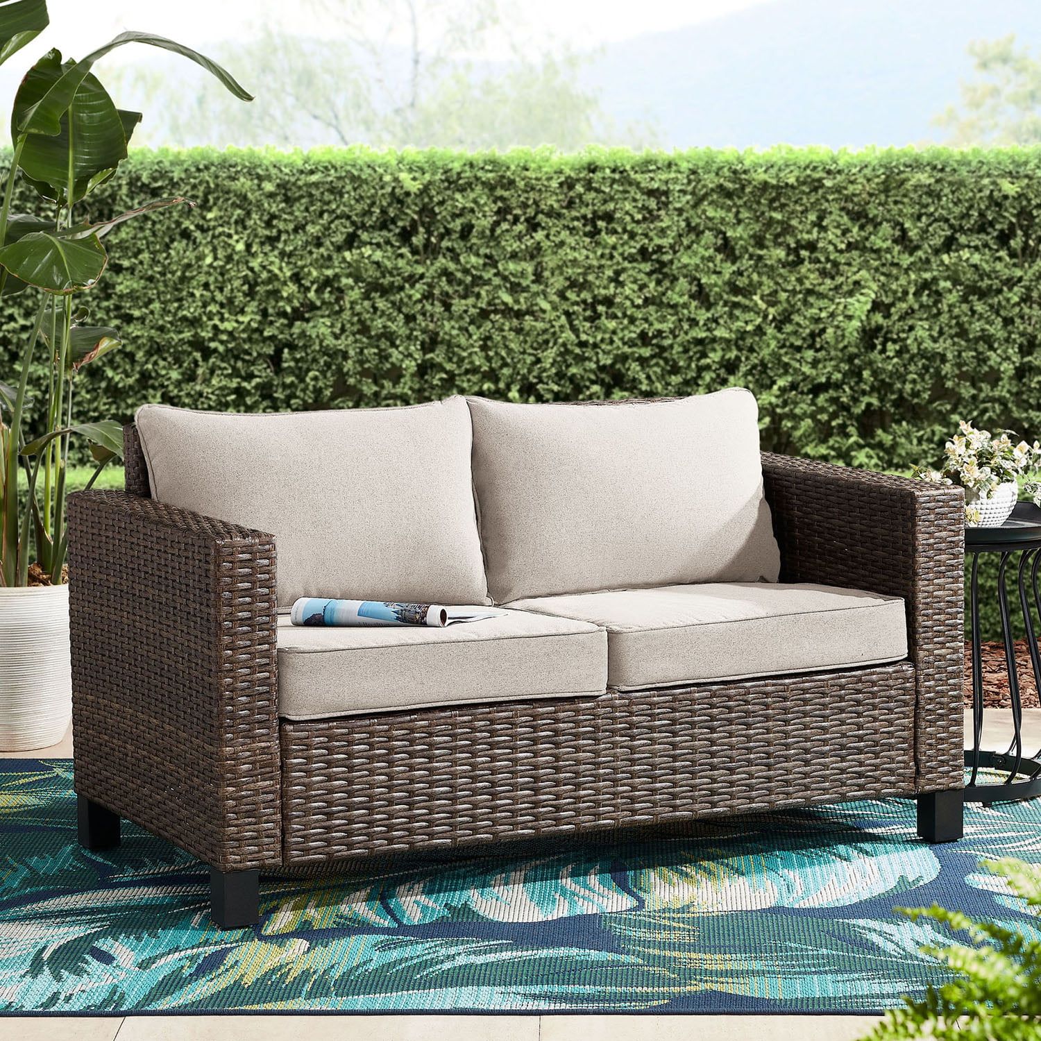 Better Homes & Gardens Brookbury Outdoor Porch Loveseat- Beige Polyester Cushions | Walmart (US)