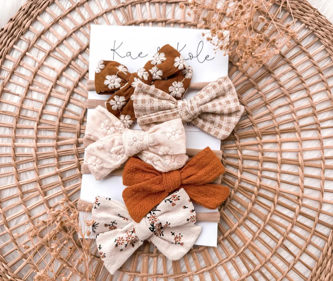 5pc Baby Bow Headbands Neutral Fall Newborn Toddler Accessories Floral Embroidered - Etsy | Etsy (US)