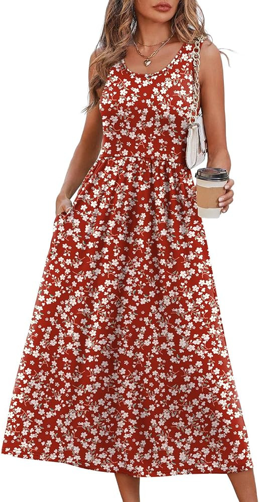 WIHOLL Summer Dresses for Women Flowy Casual Midi Dress Beach Vacation Sundresses with Pockets | Amazon (US)